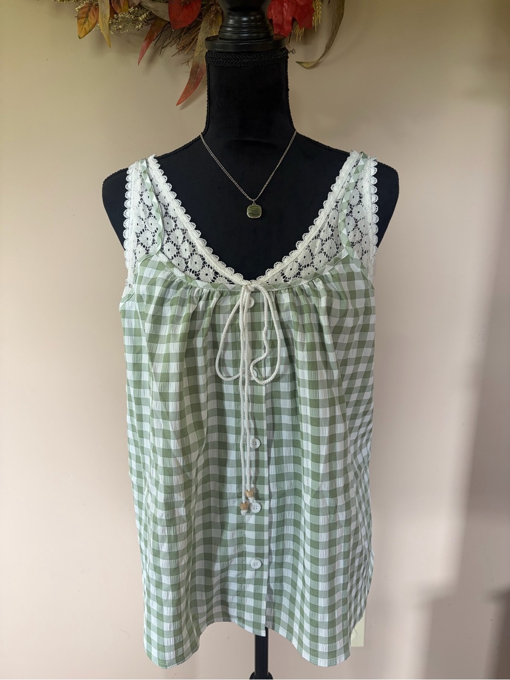 SHEIN Green & White Gingham Lace-Trim Camisole Top